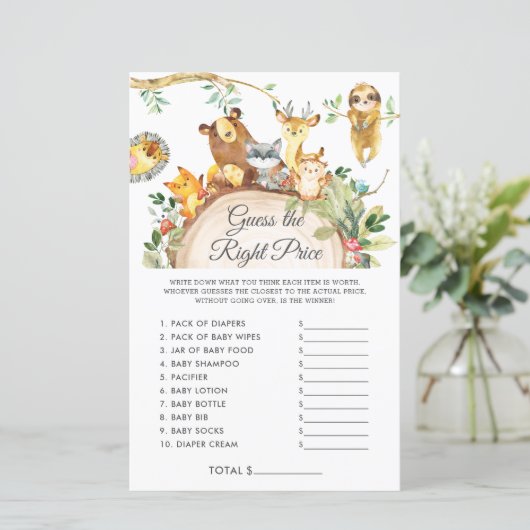 Papier Woodland devine le bon prix jeu de Baby shower (Debout devant)