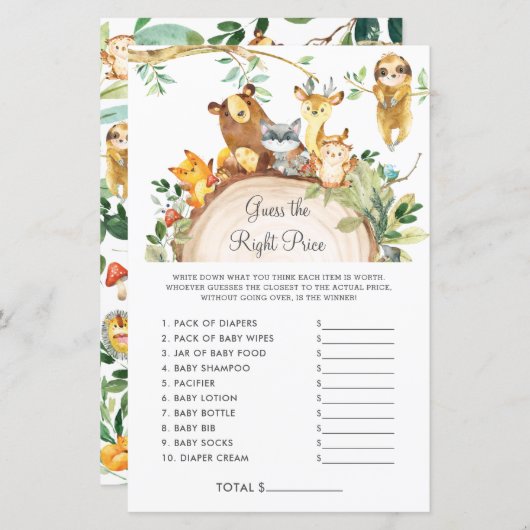 Papier Woodland devine le bon prix jeu de Baby shower (Devant / Derrière)