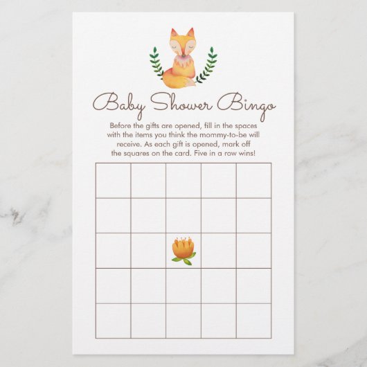 Papier Woodland Fox Baby shower Jeu de Bingo (Devant)