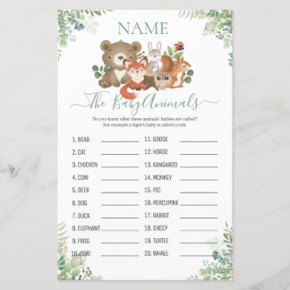 Papier Woodland Greenery Douche Bébé Nom animal Jeu