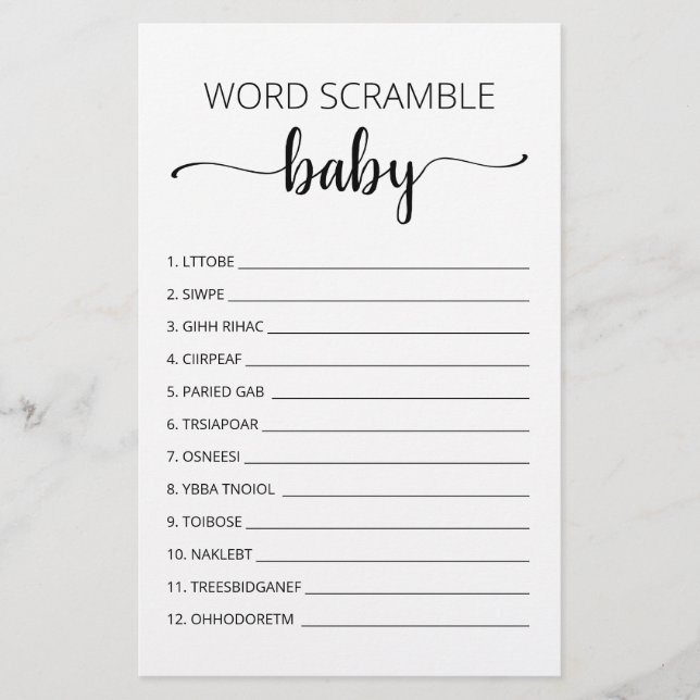 Papier Word Scramble Baby Jeu Baby shower partie (Devant)