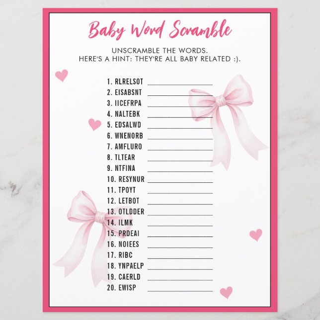 Papier Word Scramble Baby Shower Game Pink Bow Ribbon (Devant)