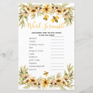 Papier Word Scramble Jeu Bee baby shower Botanique