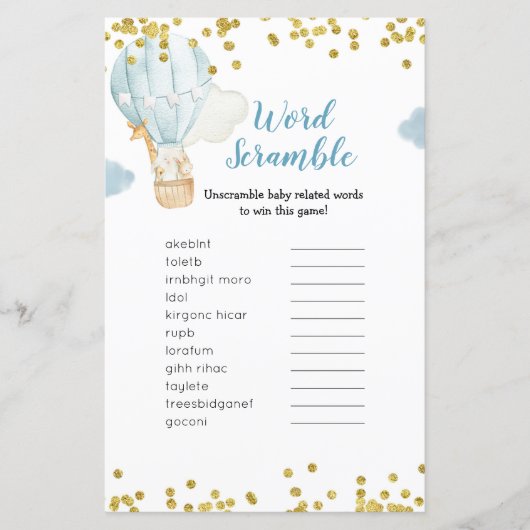 Papier Word Scramble Jeu Bleu Hot Air Balloon Jungle (Devant)