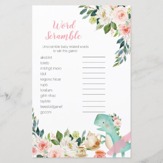 Papier Word Scramble Jeu Dinosaur Tea Party Baby shower (Devant)