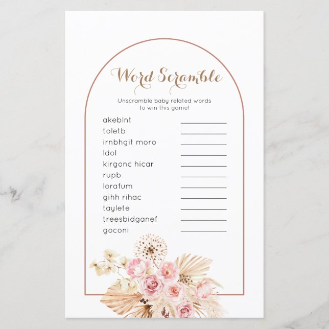 Papier Word Scramble Jeu Rose Floral Boho Pampas Gris (Devant)