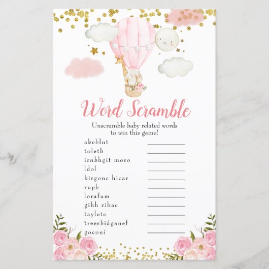 Papier Word Scramble Jeu Rose Hot Air Balloon Animaux (Devant)