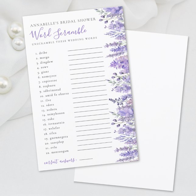 Papier Word Scramble Lavender Fête des mariées florale (Word Scramble Lavender Floral Bridal Shower)