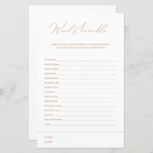 Papier Word Scramble White Elegant Fête des mariées Jeu (Devant / Derrière)