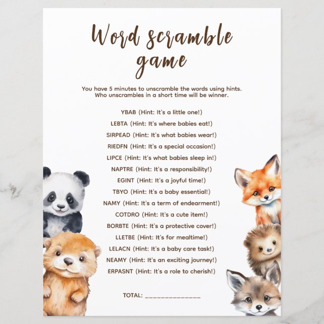 Papier Word Scramble Woodland Animaux Baby shower Jeu (Devant)