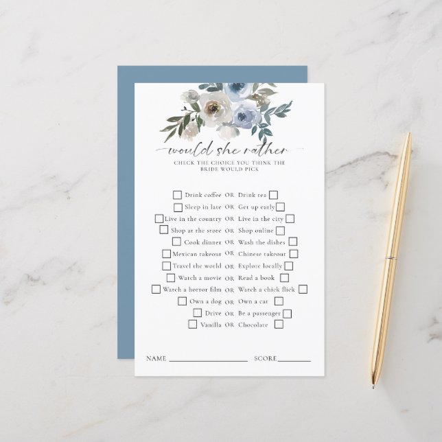 Papier Would She Rather Bridal Shower Game Dusty Blue (Devant/Arrière en situation)