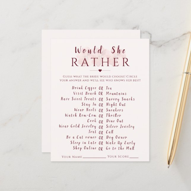 Papier Would She Rather Floral Bridal Shower Game Card (Devant/Arrière en situation)