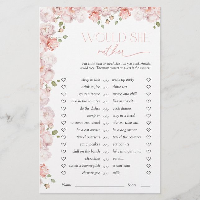 Papier Would She Rather Floral Pink Bridal Shower Game (Devant)