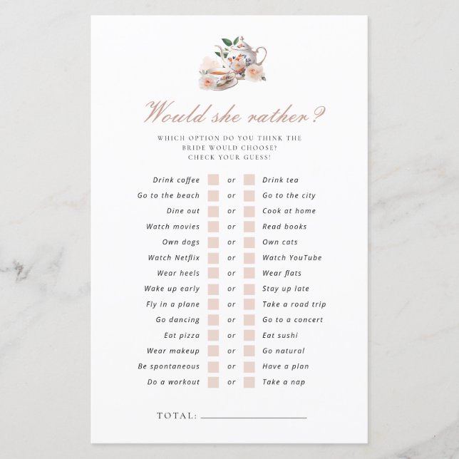 Papier Would She Rather Tea Party Bridal Shower Game (Devant)