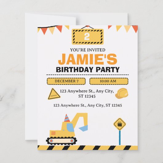 Papier Yellow Cute Construction Truck Boys 2nd Birthday (Devant)