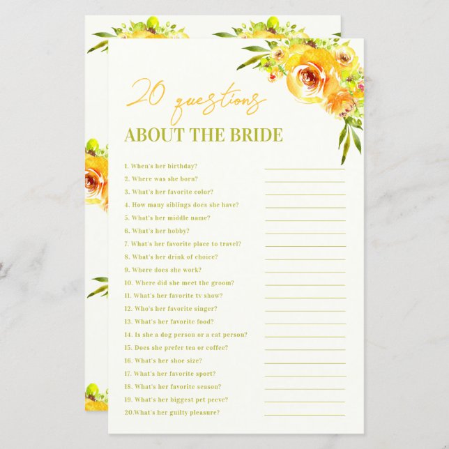 Papier Yellow Floral 20 Questions About the Bride Game (Devant / Derrière)
