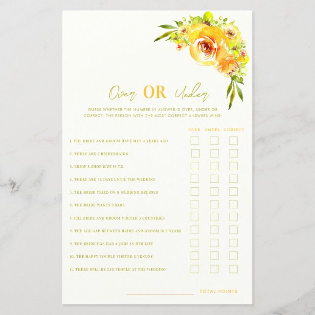 Papier Yellow Floral Over or Under Bridal Shower Game (Devant)