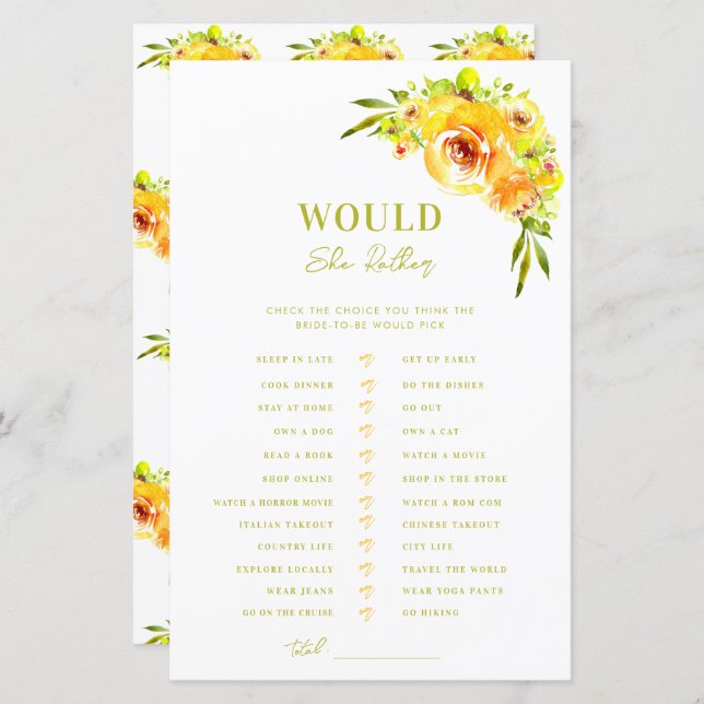 Papier Yellow Green Bridal Shower Would She Rather Game (Devant / Derrière)