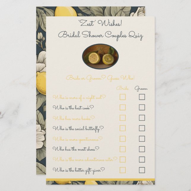 Papier 'Zest' Wives Couple Quiz jeu de douche (Devant / Derrière)