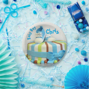 Papieren bord 7" baby jongens cake blauwe schoenen