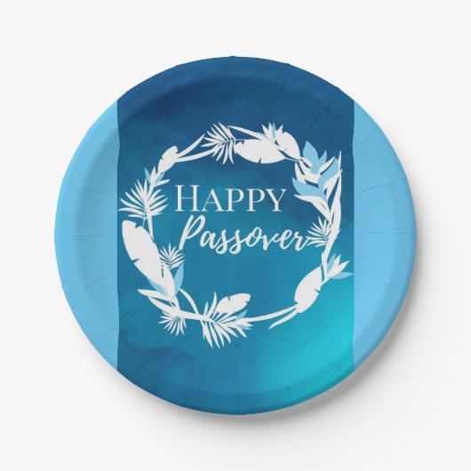Papieren Bord Happy Passover Blue Brown Wreath Flo (Voorkant)