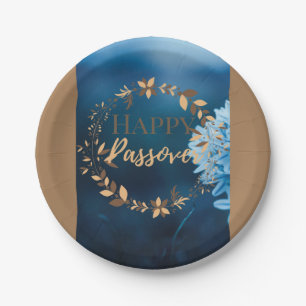 Papieren Bord Happy Passover Blue Brown Wreath Flo