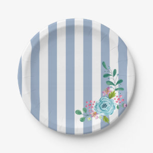 Papieren Borden, Blauwe Stripe Floral Flowers Bordje