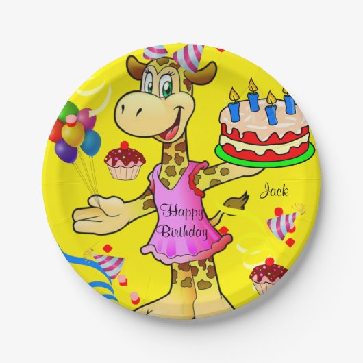Papieren Borden, Giraffe Gele Happy Birthday Cake Papieren Bordje (Voorkant)