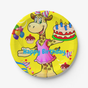Papieren Borden, Giraffe Happy Birthday Cake Yello Bordje