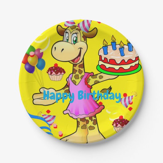 Papieren Borden, Giraffe Happy Birthday Cake Yello Papieren Bordje (Voorkant)