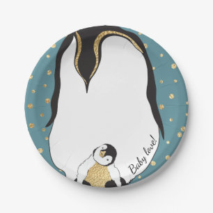 Papieren Borden "Gold Baby & mammie pinguins Blue" Bordje