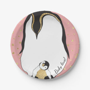 Papieren Borden "Gold Baby & mammie pinguins roze" Bordje