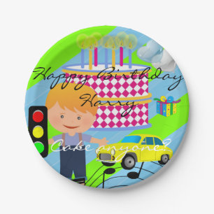 Papieren Borden, Happy Birthday Boy Cake auto Bordje
