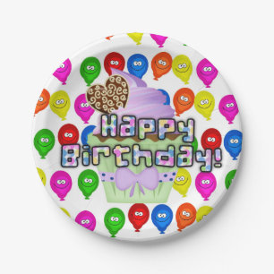 Papieren Borden, Happy Birthday Cupcake-ballonnen Papieren Bordje