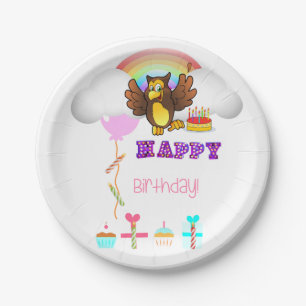 Papieren Borden, Happy Birthday Owl Rainbow Papieren Bordje