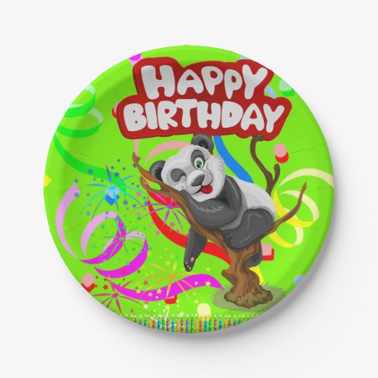 Papieren Borden, Happy Birthday Panda Beer Confett Papieren Bordje (Voorkant)