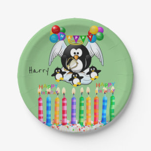 Papieren Borden, Happy Birthday Penguin Candles Papieren Bordje