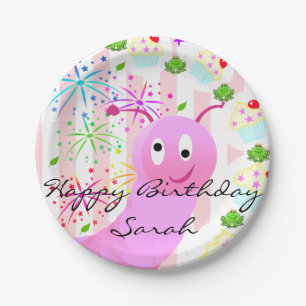 Papieren Borden, Happy Birthday Roze Worm Cupcake Bordje