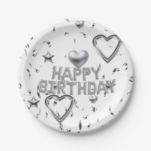 Papieren Borden, Happy Birthday Silver Hearts Papieren Bordje