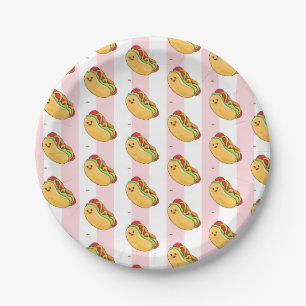 Papieren borden, roze & witte gestreepte hotdogs bordje