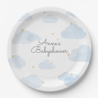 Papieren bordje babyshower lichtblauwe wolken