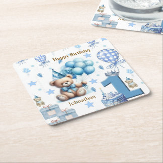 Papieren Coasters Happy 1e Verjaardag Teddybeer Bl Vierkante Kartonnen Onderzetter