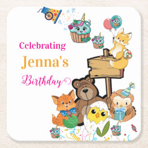 Papieren Coasters Happy Birthday Fox Bird Kuikens Vierkante Kartonnen Onderzetter