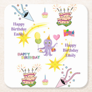 Papieren Coasters Happy Birthday Octopus Cupcake Vierkante Kartonnen Onderzetter