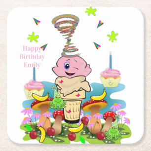 Papieren Coasters Happy Verjaardag Roze Cupcake Vierkante Kartonnen Onderzetter