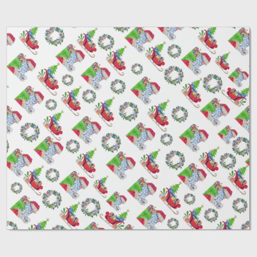 Papieren kerstman en slee inpakken cadeaupapier (Vlak)