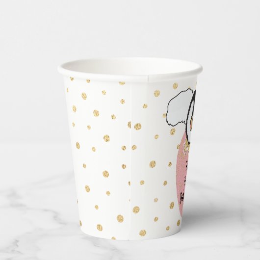 Papieren kopjes baby shower "Gold/roze pinguïn" 8 Papieren Bekers (Rechts)