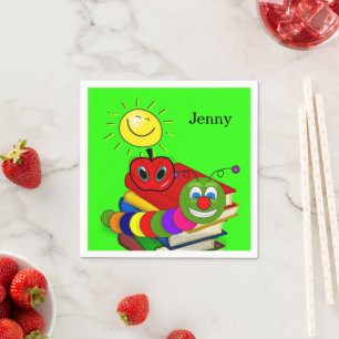 Papieren luiers, boekworm, boeken, appels, groen servet