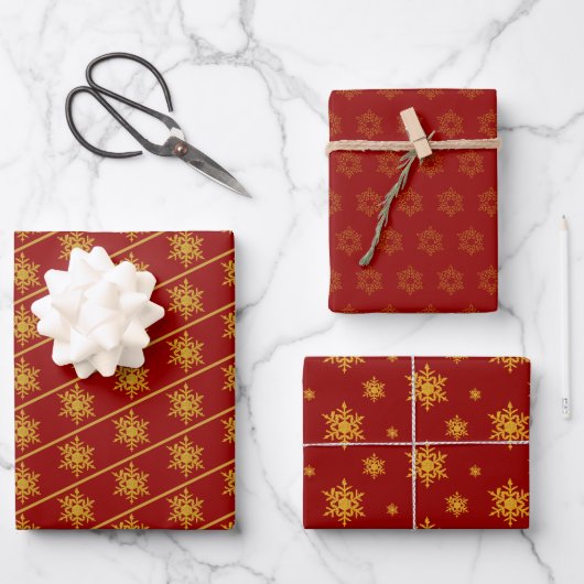 PAPIEREN MET Diep Rood en Goud Snowflake Inpakpapier Vel (Voorkant)