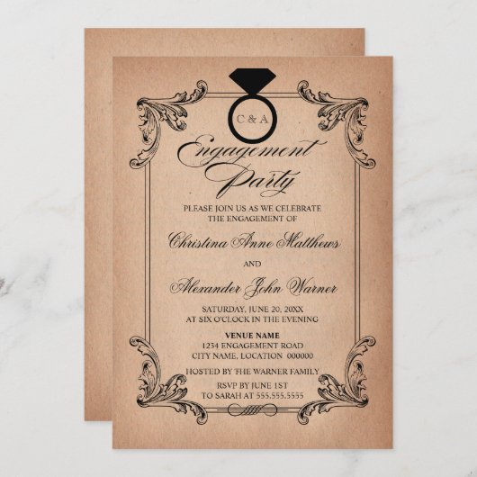 Papieren opvrager en Ornament Engagement Party Kaart (Voorkant / Achterkant)